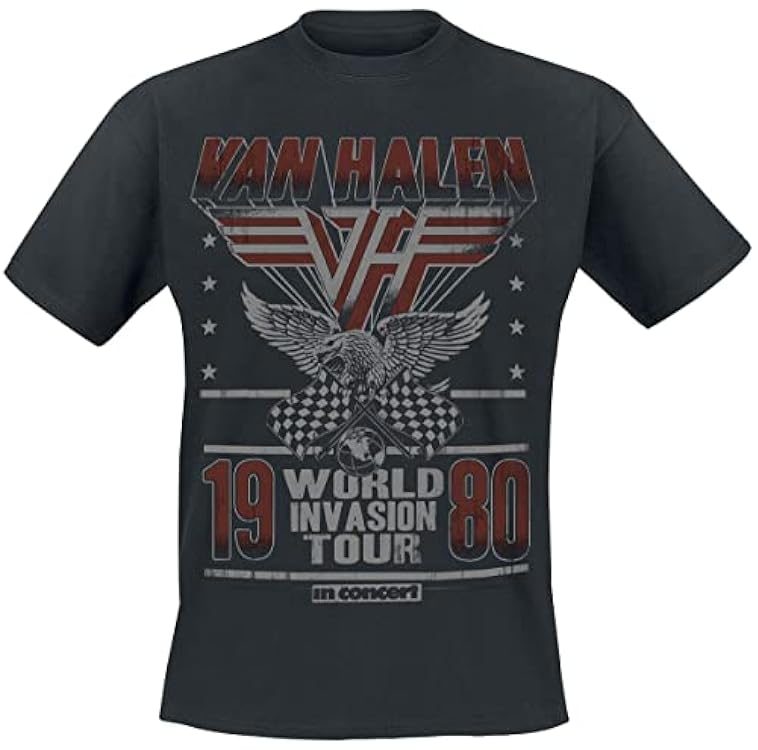 Van Halen World Invasion Tour 1980 Uomo T-Shirt Nero Re